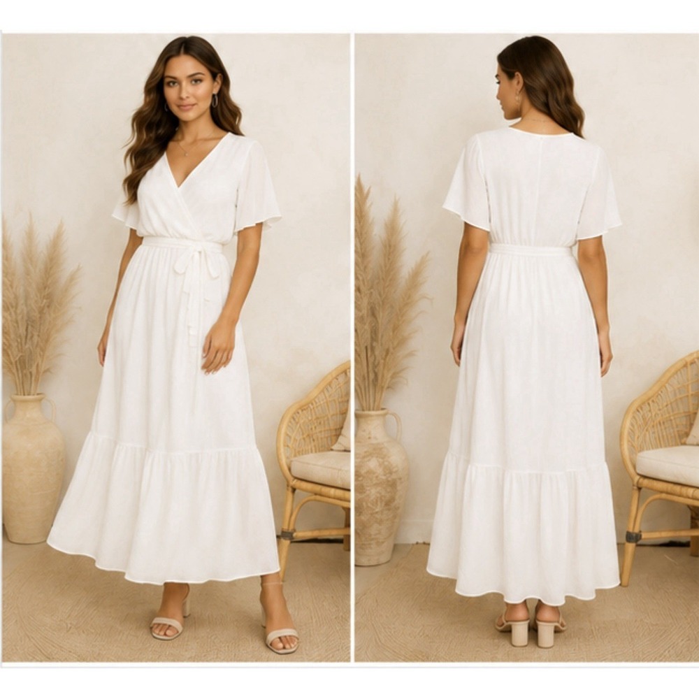 Chloe & Rene Size M White Flutter Sleeve Belted Boho Fairy Ruffle Hem Maxi Dress
